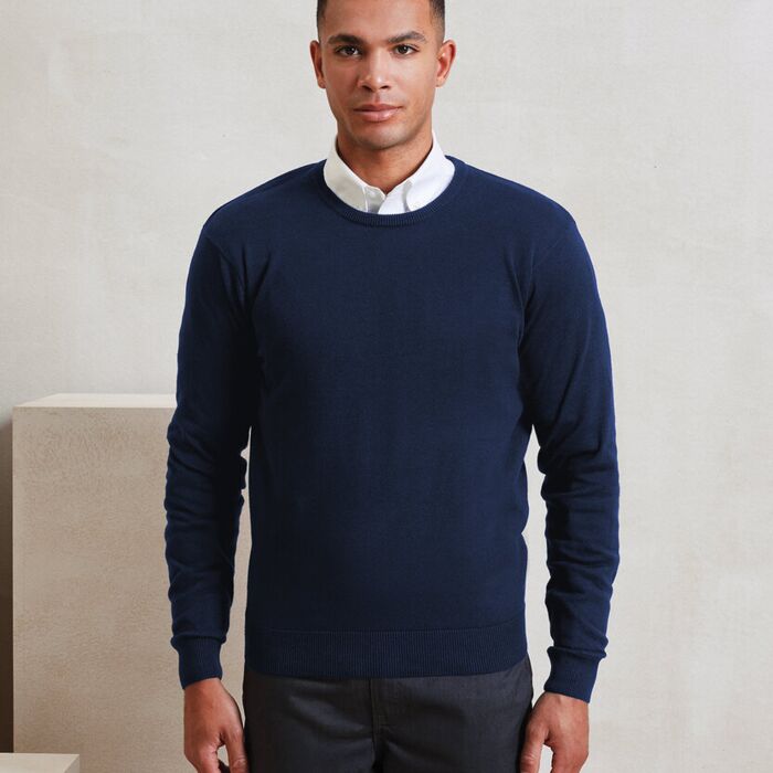 Crew neck cotton-rich knitted sweater Thumbnail