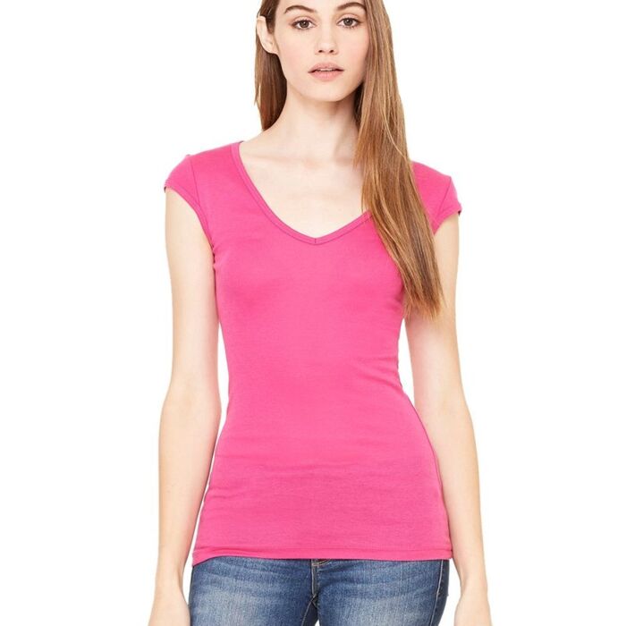 Women's Cap Sleeve Sheer Mini Rib V-neck Tee Thumbnail